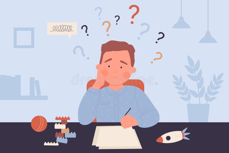 Boy with learning troubles, tired school child sitting, thinking about hard homework stock illustration