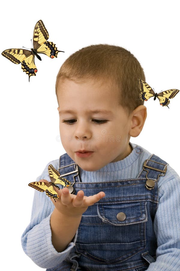 Boy looking at butterfly stock photography Boy looking at butterfly stock photography