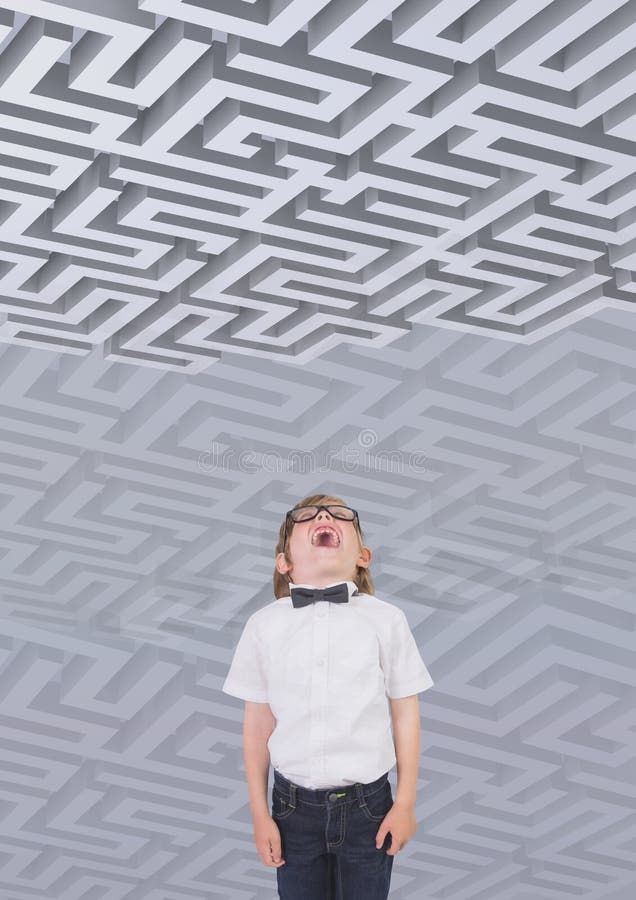 Boy looking up to a maze against background with mazes