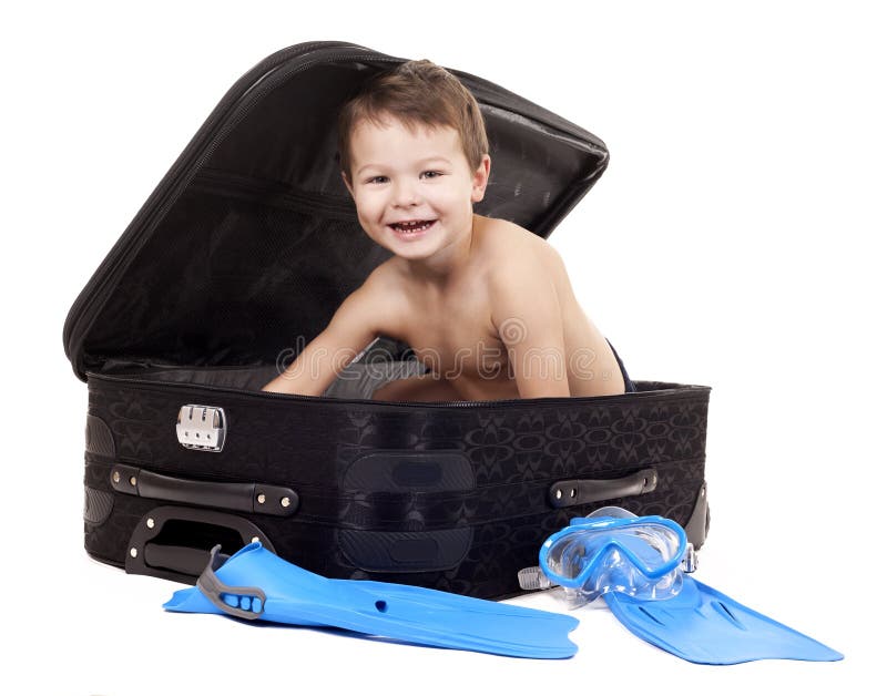 Little Boy Sitting Luggage Wearing Snorkel Gear Stock Photos Free