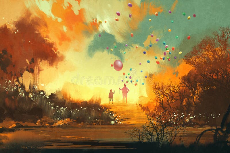 Boy and magician holding balloon standng on a path of fantasy land vector illustration Boy and magician holding balloon standng on a path of fantasy land vector illustration