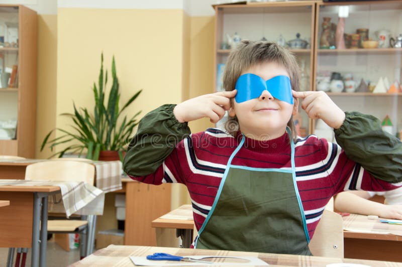 Boy Makes a Masquerade Mask in Class at School Stock Photo Image of