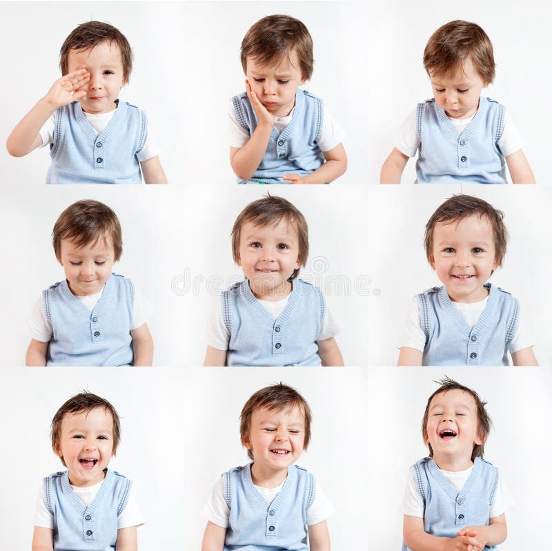 Boy, making funny faces on a white background