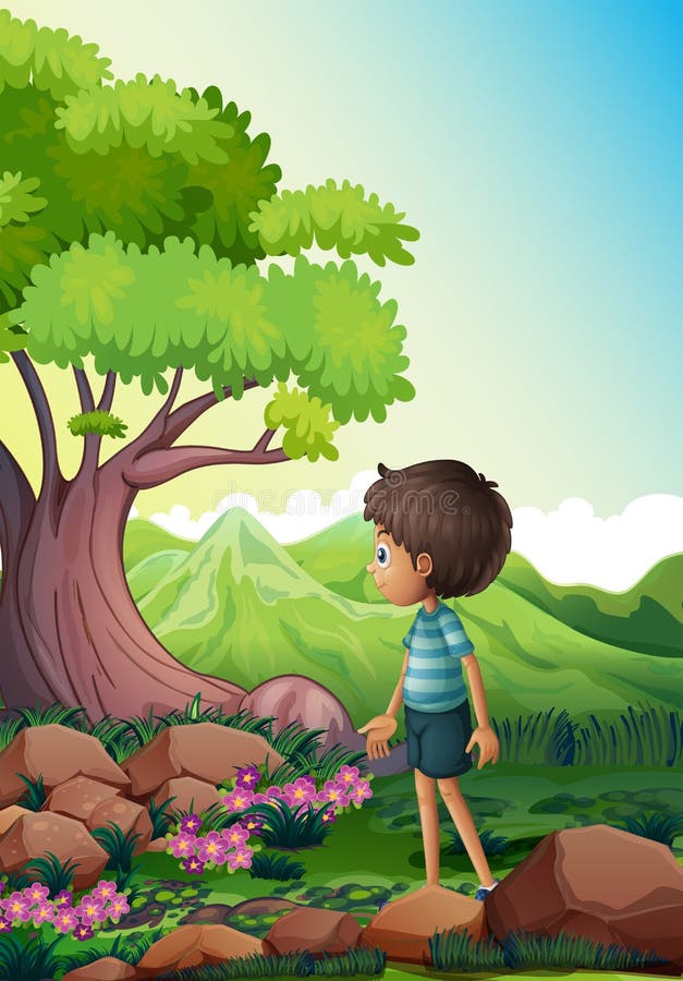 A boy near the giant tree in the forest royalty free illustration A boy near the giant tree in the forest royalty free illustration
