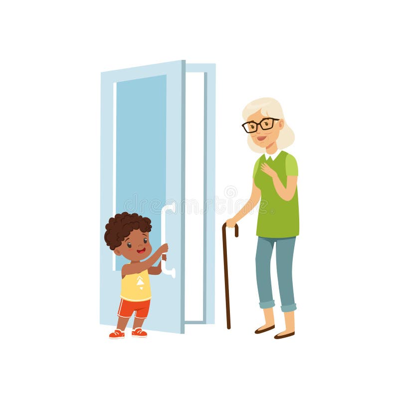 Boy Opening The Door To An Elderly Woman Kids Good Manners Concept Vector Illustration On A White Background Stock Vector Illustration Of Politeness Greeting