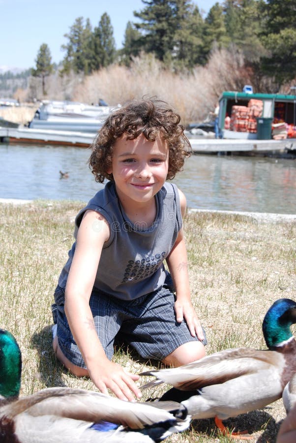 Boy petting a duck