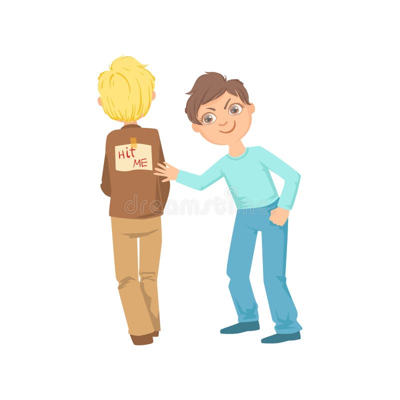 Boy Pinning Joke Poster On Another Kids Back Teenage Bully Demonstrating Mischievous Uncontrollable Delinquent Behavior vector illustration Boy Pinning Joke Poster On Another Kids Back Teenage Bully Demonstrating Mischievous Uncontrollable Delinquent Behavior vector illustration