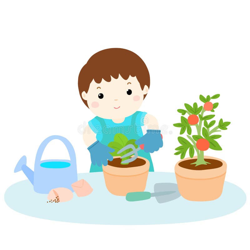 Boy planting healthy organic vegetable cartoon
