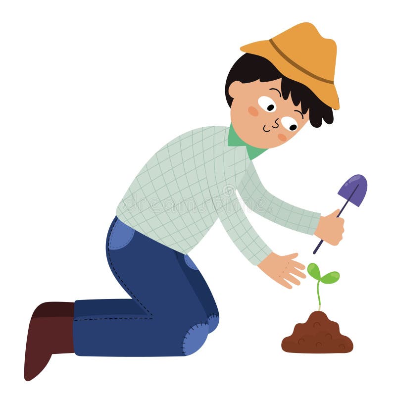 Boy Planting Tree in Cartoon Style. Person Spuds a Sprout with a Spade ...