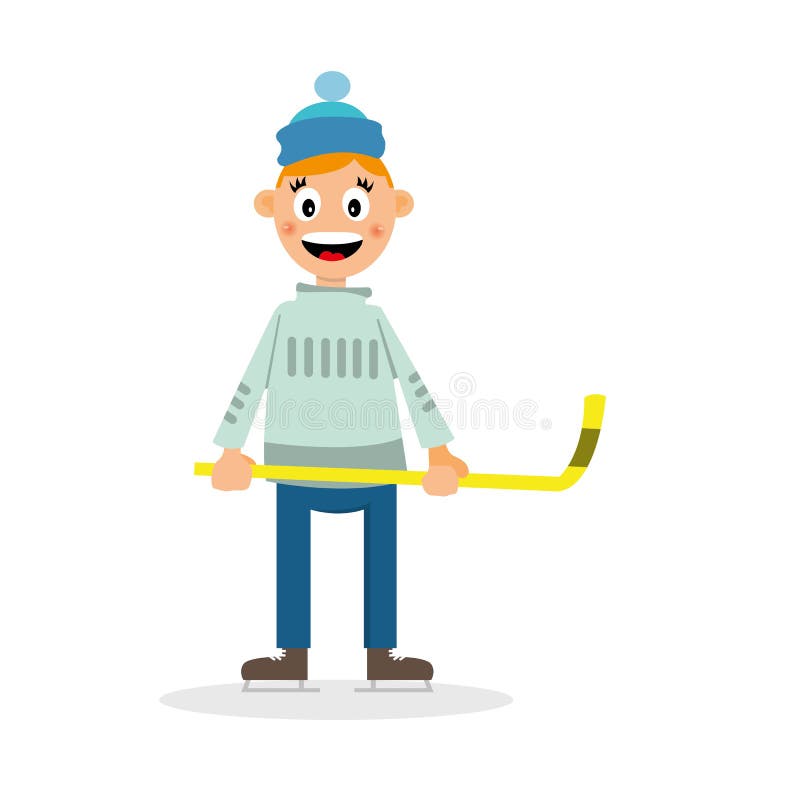 A boy with a stick on skates playing hockey on ice. vector illustration of cartoon. A boy with a stick on skates playing hockey on ice. vector illustration of cartoon
