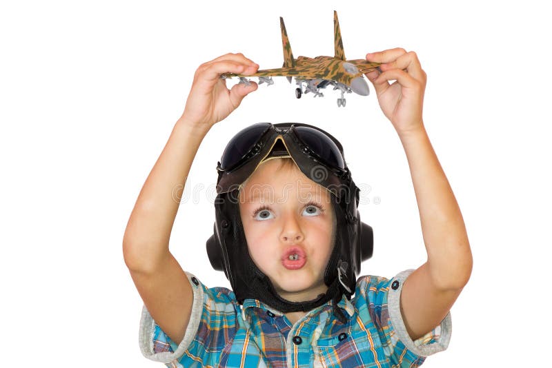Boy play with jet airplane model