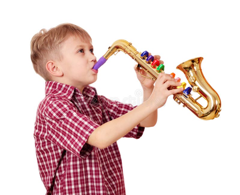 Boy play saxophone stock image. Image of white, childhood 27939773