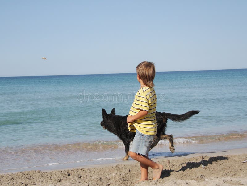 Boy playing with dog on beach