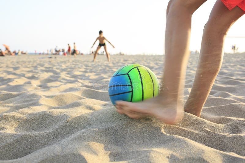 Boy Playing Football on the Beach Stock Image Image of portrait
