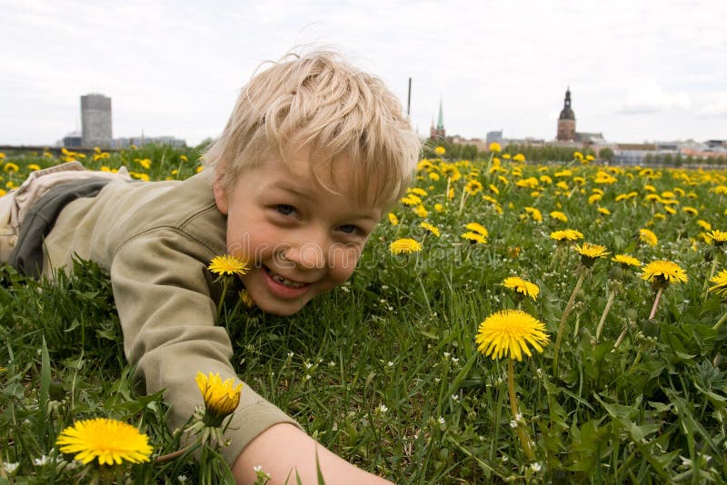 Boy playing in meadow