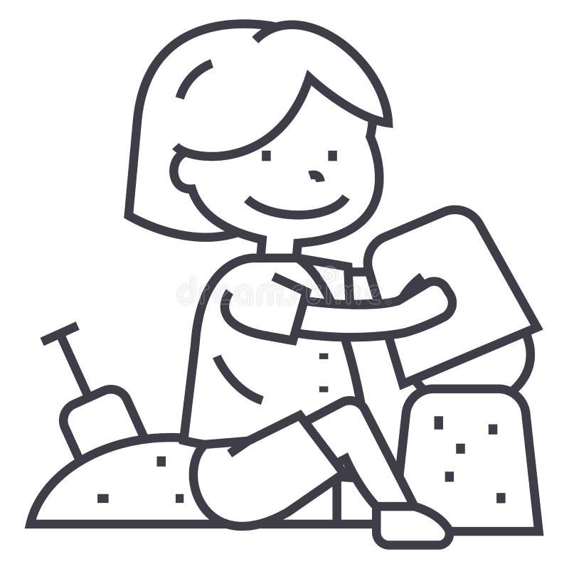 Boy playing with sand on beach or sandbox,scapula and bucket vector line icon, sign, illustration on background royalty free illustration Boy playing with sand on beach or sandbox,scapula and bucket vector line icon, sign, illustration on background royalty free illustration