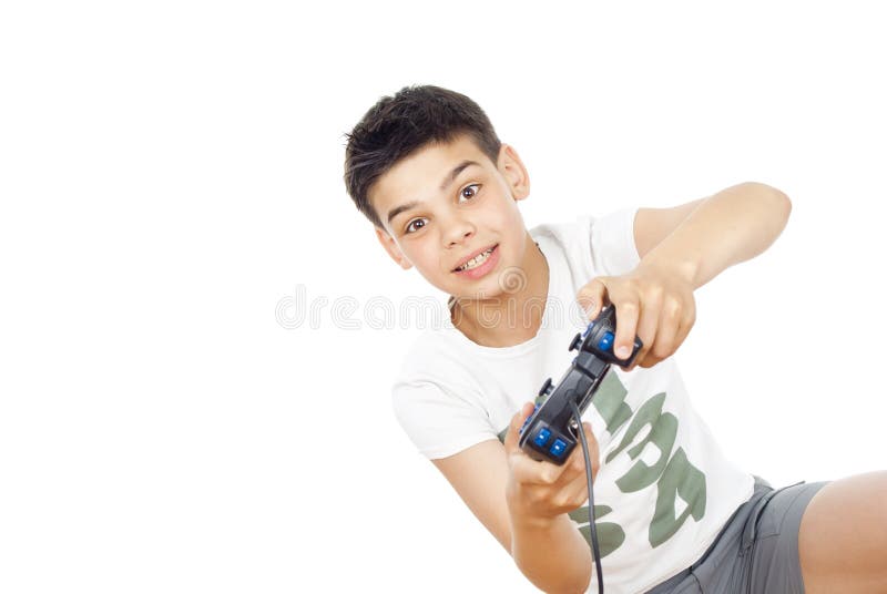 Boy playing video games on the joystick