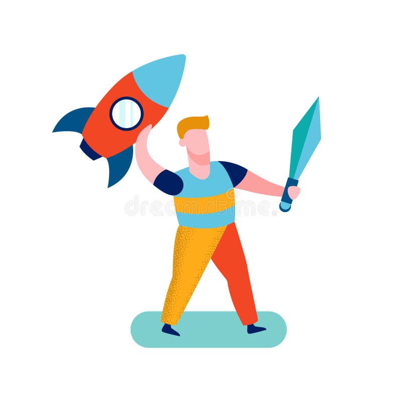 Boy Playing in Yard Cartoon Vector Illustration. Break in School, Kindergarten. Kid Dreaming about being Knight. Sword and Rocket Soft Toys. Schoolkid vector illustration Boy Playing in Yard Cartoon Vector Illustration. Break in School, Kindergarten. Kid Dreaming about being Knight. Sword and Rocket Soft Toys. Schoolkid vector illustration