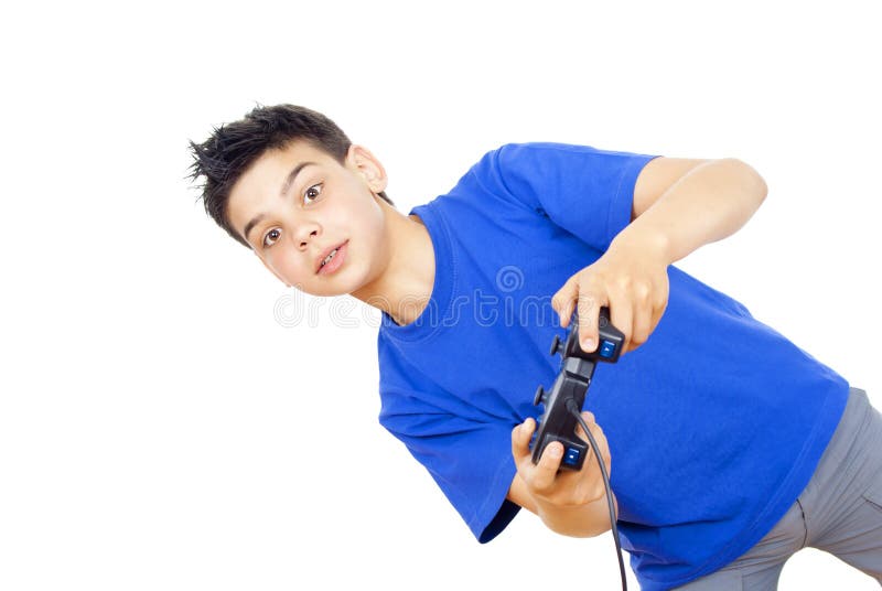 Boy plays video games on the joystick