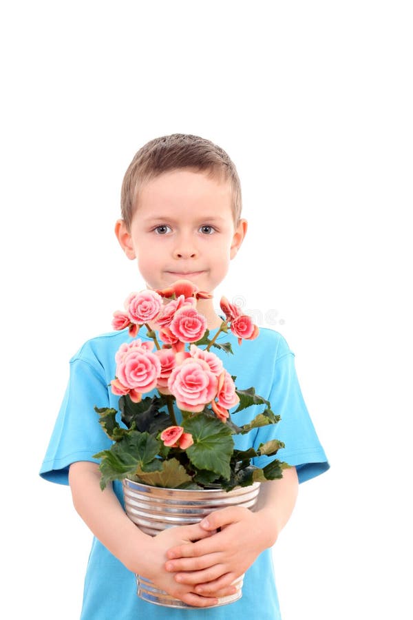 Boy with potted flower stock image. Image of gift, schoolboy 4886437