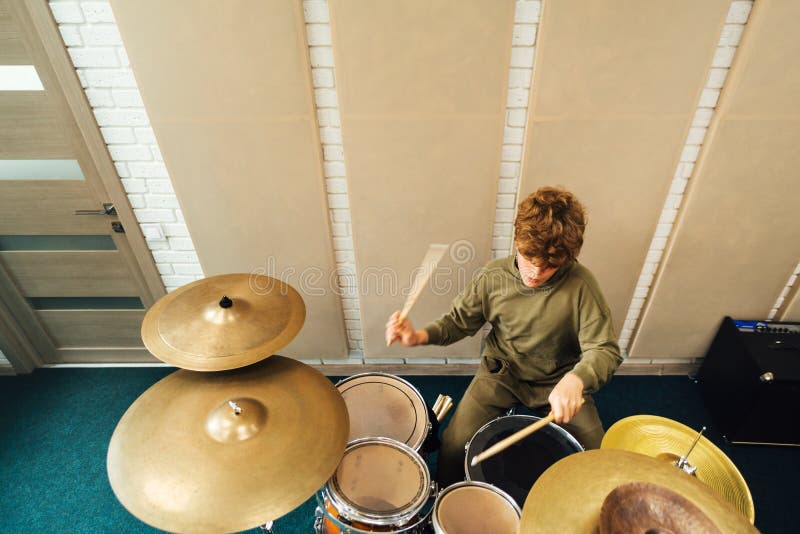 Boy Practicing Make Beat Drum Kit. Stock Photo Image of rhythm