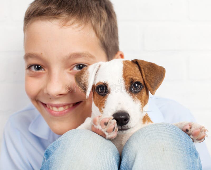 Boy with puppy stock photo. Image of affectionate, person - 58951708