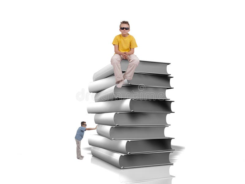 Boy push pile of white books