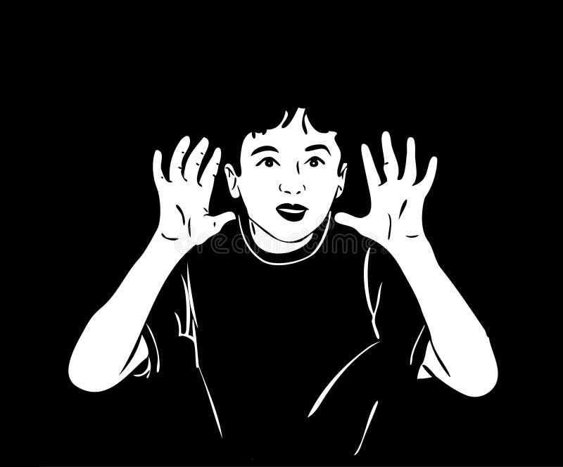 Boy raised his hands and shouting in the darkness stock illustration