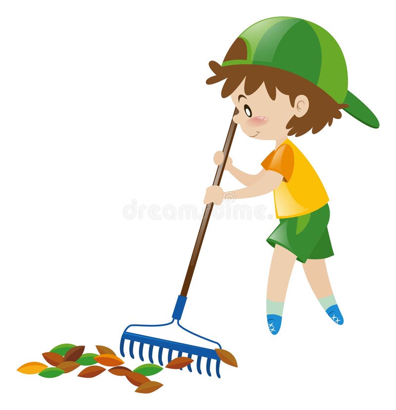 Boy raking dried leaves stock vector. Illustration of youth - 79891446