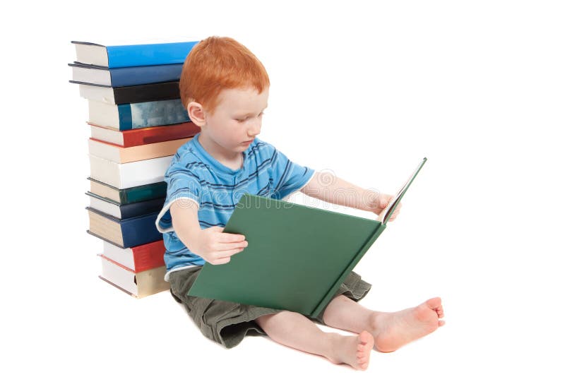 Boy Reading Kids Book and Leaning on Stacked Books Stock Photo - Image ...