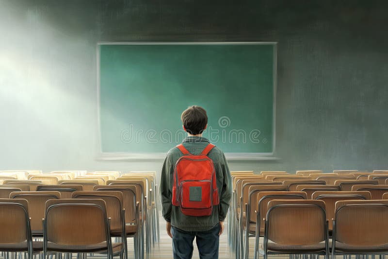 Boy with red backpack standing in an empty classroom vector illustration