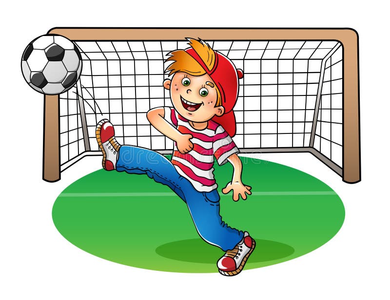 Boy in a red cap kicking a soccer ball