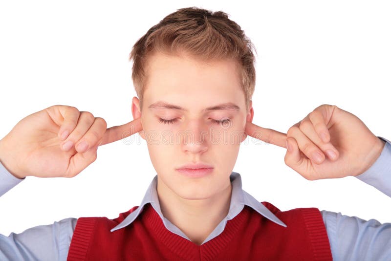 Boy in red jacket close ears