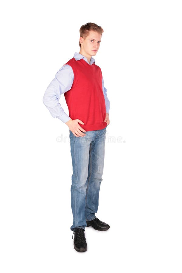 Boy in red jacket posing