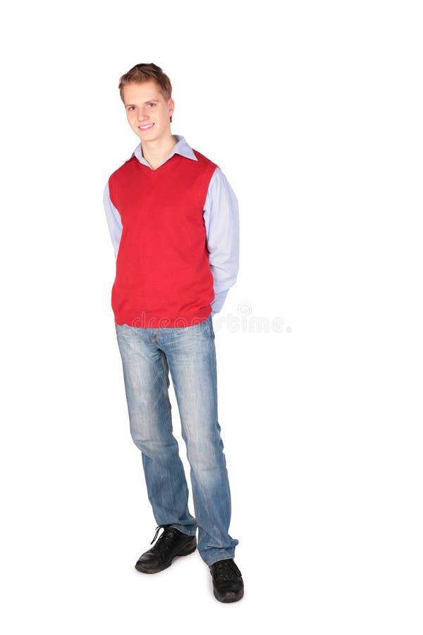 Boy in red jacket posing hands behind