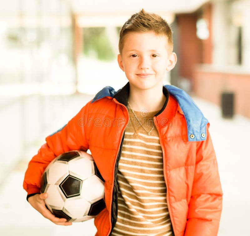 Boy in Red Jacket with Soccer Ball Stock Image Image of football