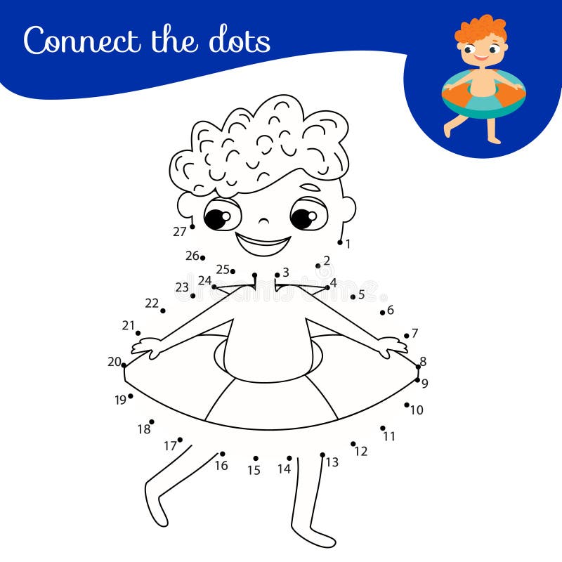 Boy with rubber ring. Dot to dot by numbers activity for kids and toddlers. Children educational game. Boy with rubber ring. Connect the dots. Dot to dot by
