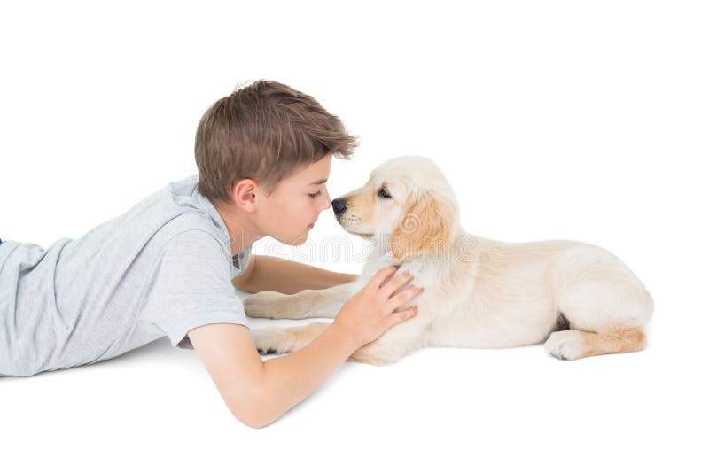 Boy Rubbing Nose with Dog Over White Background Stock Image Image of