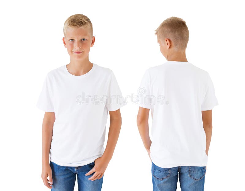 Boy`s white t-shirt mockup template, front and back