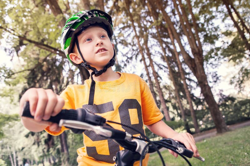 Boy in Safe Helmet Ride a Bicycle Stock Image Image of happiness