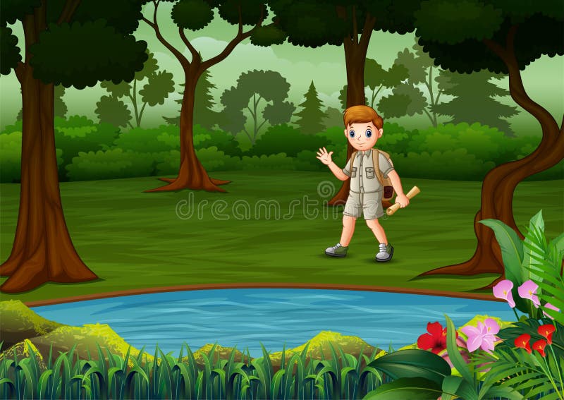 Boy Scout with Backpack Hiking on the Dark Forest Stock Vector