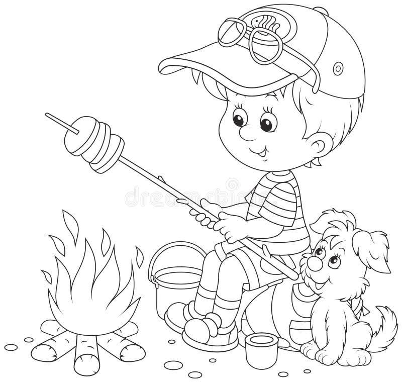 Black and white vector illustration of a little boy traveler and his small pup cooking bread on fire. Black and white vector illustration of a little boy traveler and his small pup cooking bread on fire