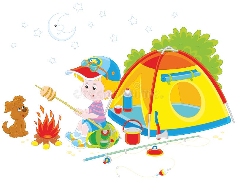 Vector illustration of a little boy and his pup cooking bread on campfire near their small tourist tent. Vector illustration of a little boy and his pup cooking bread on campfire near their small tourist tent