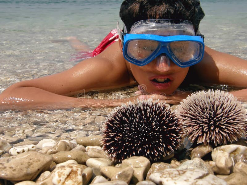Boy in sea with diving mask lying at pebbles beach and look at famous black and white sea urchins. Horizontal color photo. Boy in sea with diving mask lying at pebbles beach and look at famous black and white sea urchins. Horizontal color photo.