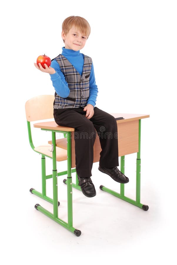 Boy Sitting on the School Desk and Holding Apple Stock Image Image of