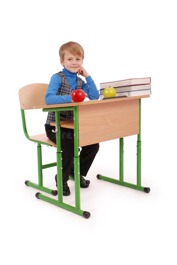 Boy Sitting on the School Desk and Holding Board Stock Photo Image of