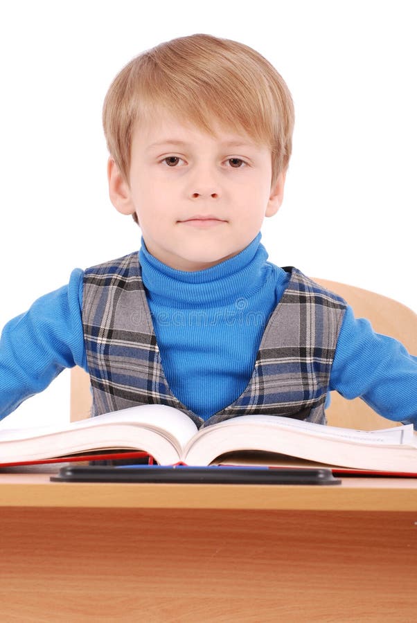 Boy Sitting at a School Desk Stock Image Image of textbook, happiness