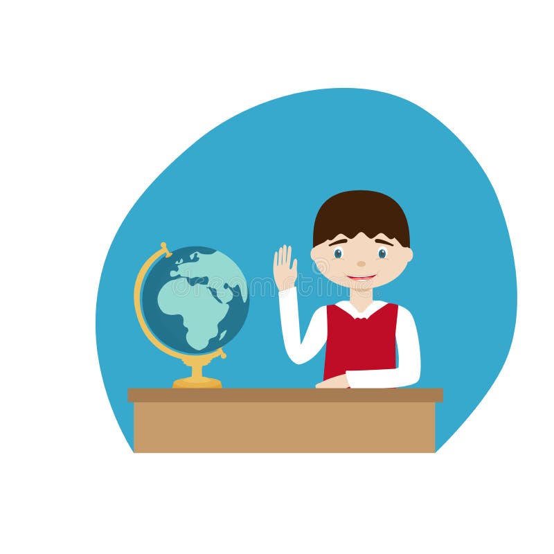 Boy Sitting at the Table, on the Table is a Globe. Flat Vector