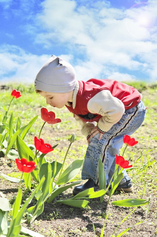 Boy smelling tulips