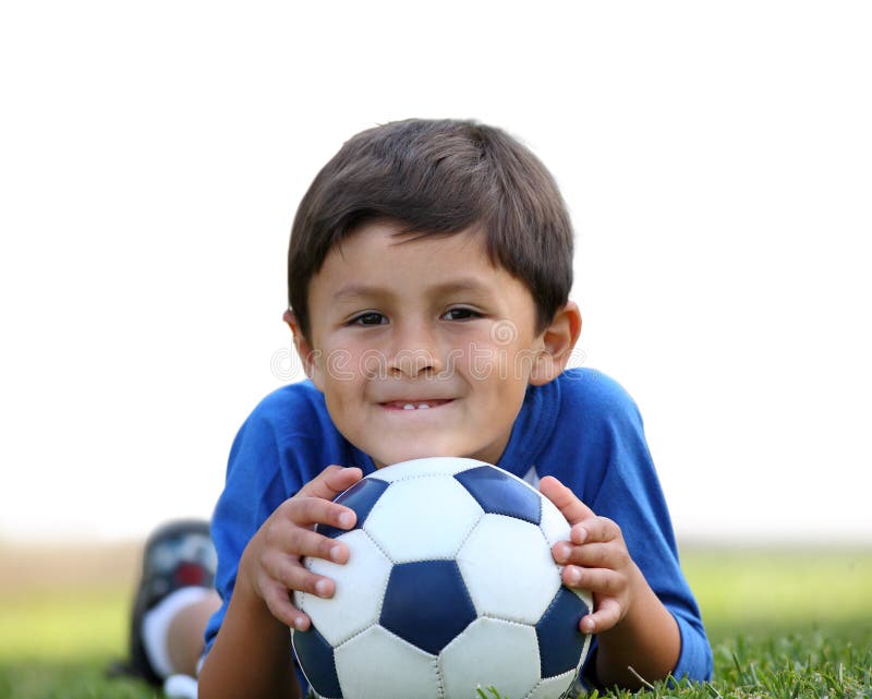 Two Young Boys Outdoors with Soccer Ball Smiling Stock Photo Image of